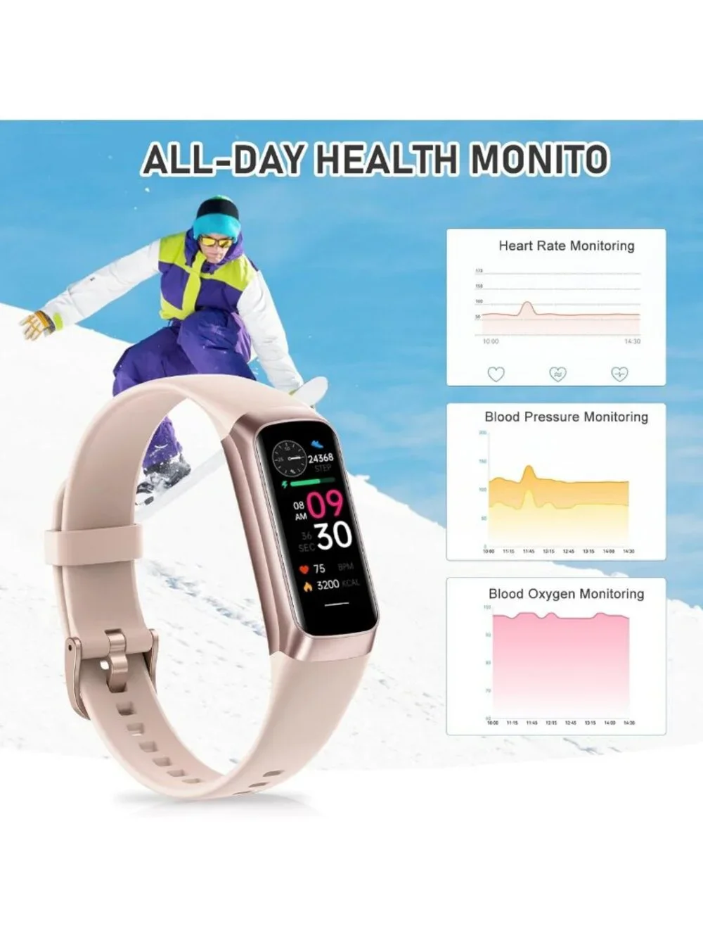 Waterproof Fitness Tracker for Heart Rate, Blood Pressure & Calories - AMOLED